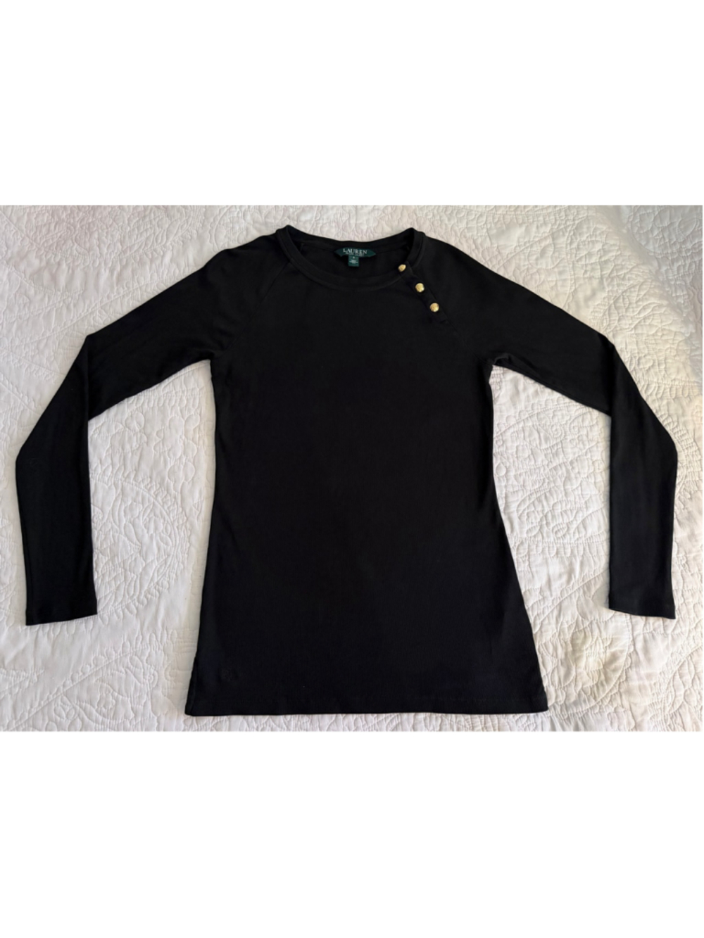 Lauren Ralph Lauren Black Ribbed Gold Button Long Sleeve Top S